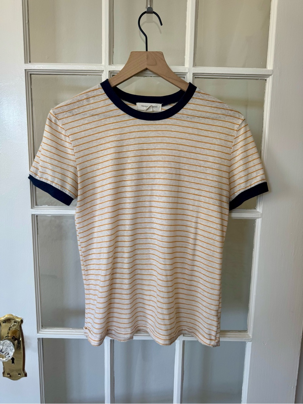 Treasure & Bond Off-White Gold Yellow and Navy Striped Preppy Ringer Tee